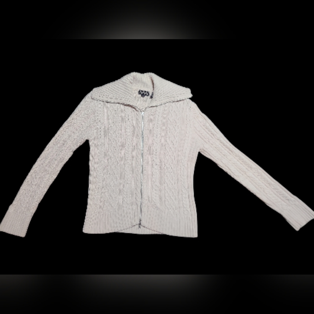 JEANNE PIERRE 100% Cotton Cream Cowl Neck Zip Up Sweater Size Small